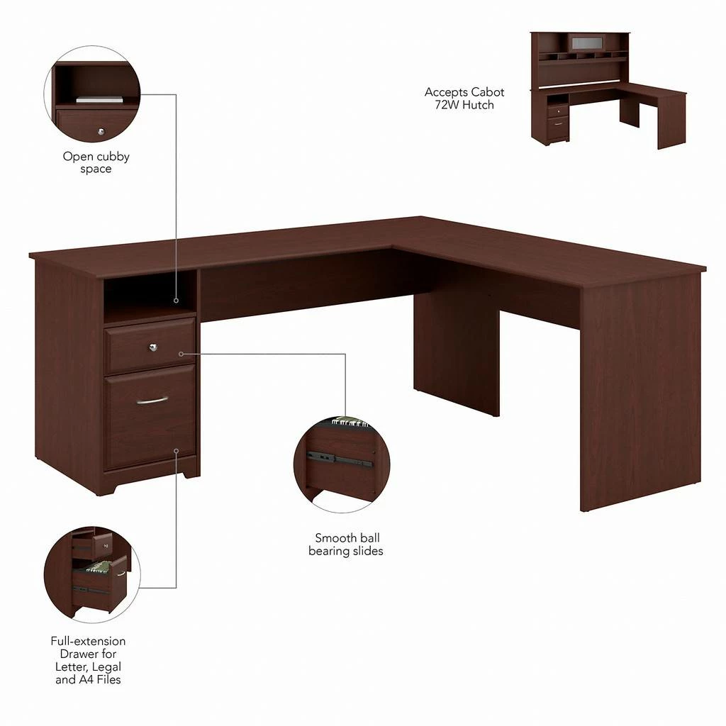 Cabot 72W L Shaped Computer Desk With Hutch And Drawers In Harvest Cherry - Bush Furniture CAB053HVC - Image 10