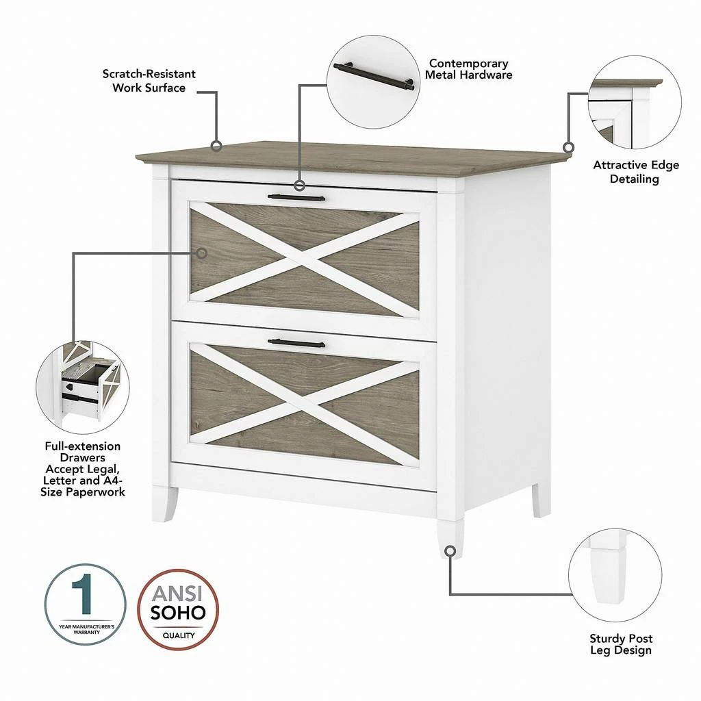 Bush Furniture Key West 2 Drawer Lateral File Cabinet In Pure White And Shiplap Gray - Bush Furniture KWF130G2W-03 - Image 3