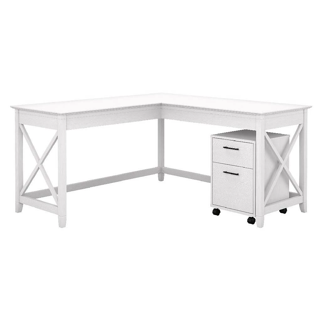Bush Furniture Key West 60W L Shaped Desk W/ 2 Drawer Mobile File Cabinet In Pure White Oak - KWS013WT
