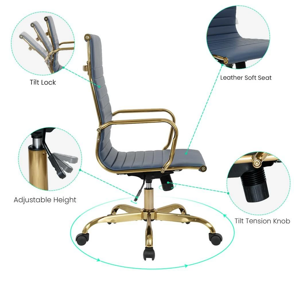 LeisureMod Harris High-Back Leatherette Office Chair With Gold Frame - LeisureMod HOTG19BUL - Image 7
