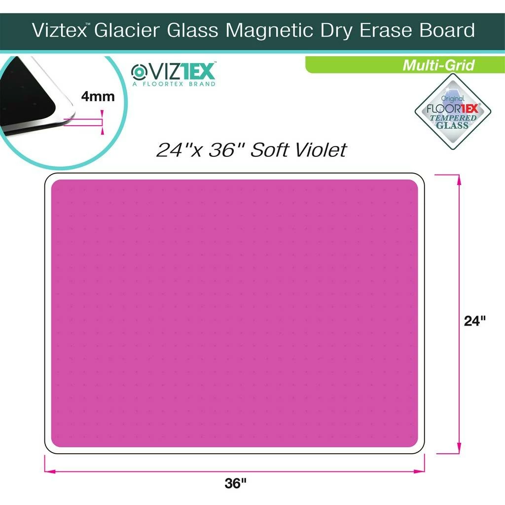 Viztex Glacier Violet Multi-Purpose Grid Glass Dry Erase Board 24" X 36" - Floortex FCVGM2436VG - Image 2