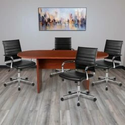 5-Pc Cherry Oval Conference Table Set W/ 4 Black LeatherSoft Ribbed Executive Chairs - Flash Furniture BLN-6GCCHR595M-BK-GG