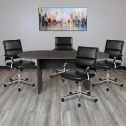 5-Pc Rustic Gray Oval Conference Table Set W/ 4 Black LeatherSoft Panel Back Executive Chairs - Flash Furniture BLN-6GCGRY595M2-BK-GG