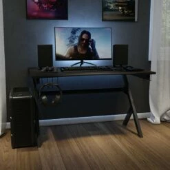 Gaming Desk 45.25" X 29" Computer Table Gamer Workstation With Headphone Holder And 2 Cable Management Holes - Flash Furniture NAN-NJ-TG-D1904-GG