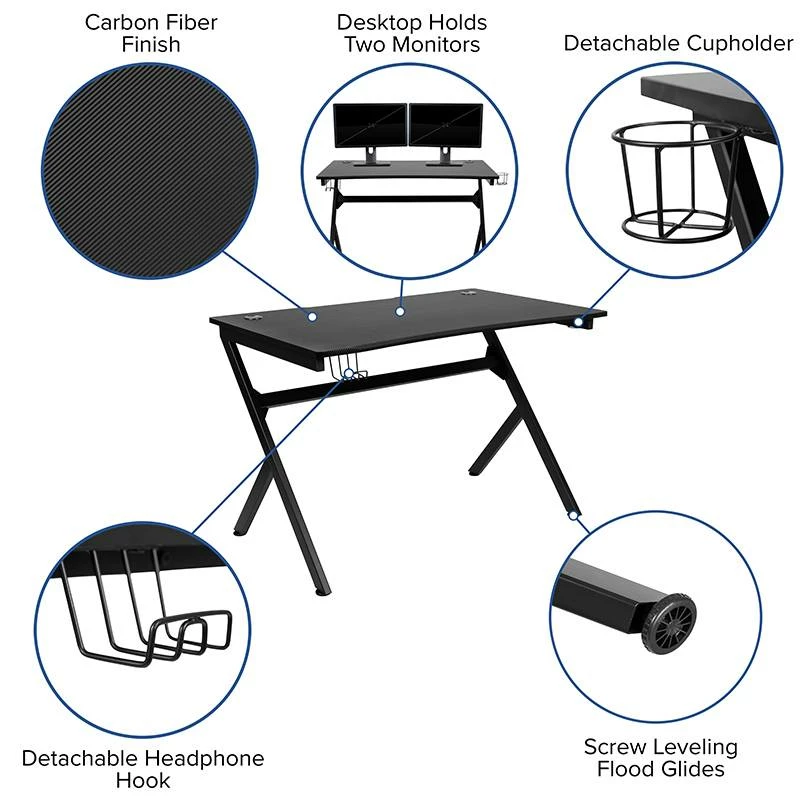 Gaming Desk 45.25" X 29" Computer Table Gamer Workstation With Headphone Holder And 2 Cable Management Holes - Flash Furniture NAN-NJ-TG-D1904-GG - Image 5