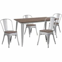 30.25" X 60" Silver Metal Table Set With Wood Top And 4 Stack Chairs - Flash Furniture CH-WD-TBCH-13-GG
