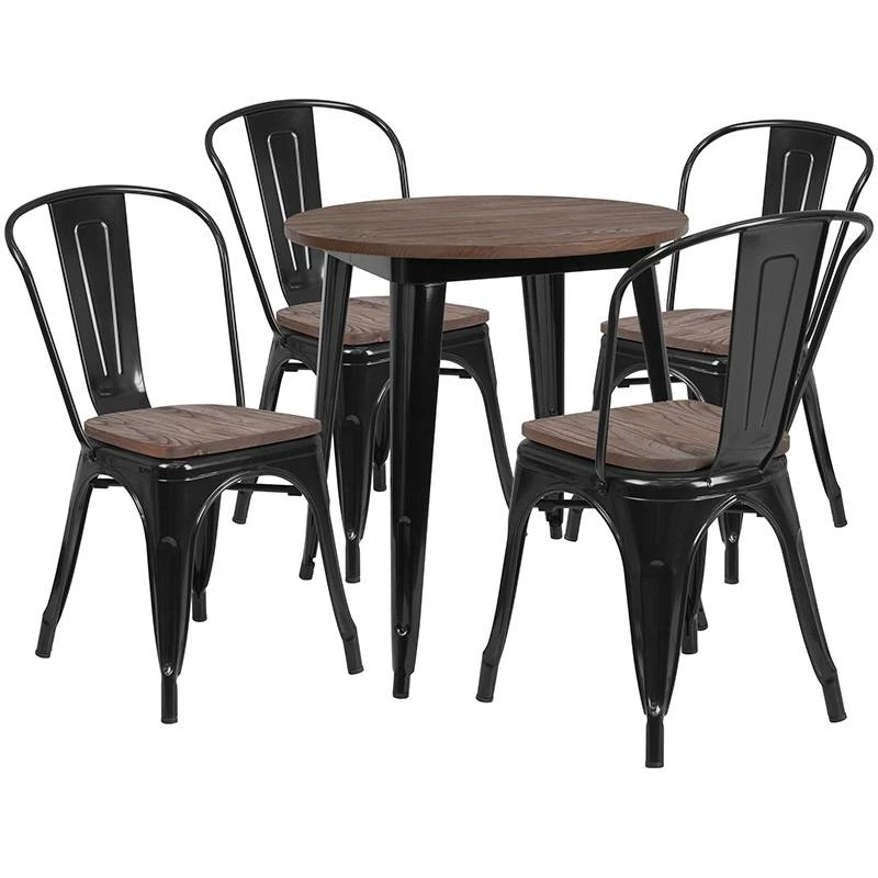 26" Round Black Metal Table Set With Wood Top And 4 Stack Chairs - Flash Furniture CH-WD-TBCH-24-GG