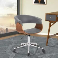 Armen Living Bellevue Mid-Century Office Chair In Chrome Finish With Grey Faux Leather And Walnut Veneer - Armen Living LCBVOFCHWAGR