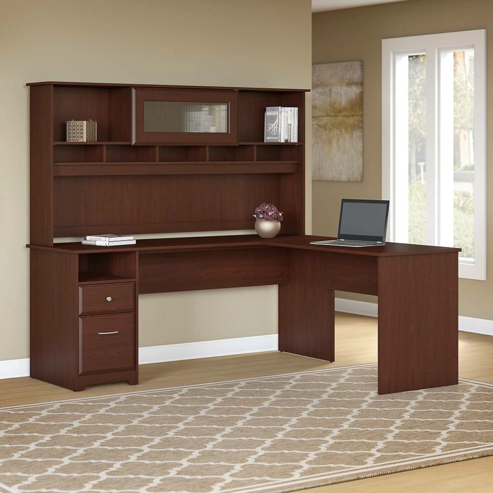 Cabot 72W L Shaped Computer Desk With Hutch And Drawers In Harvest Cherry - Bush Furniture CAB053HVC - Image 2