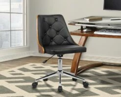 Armen Living Diamond Mid-Century Office Chair In Chrome Finish With Tufted Black Faux Leather And Walnut Veneer Back - Armen Living LCDIOFCHBLACK